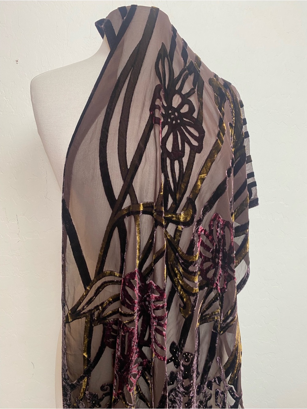 Coldwater Creek brown Sheer Scarf with Gold & Pink Velvet Burnout